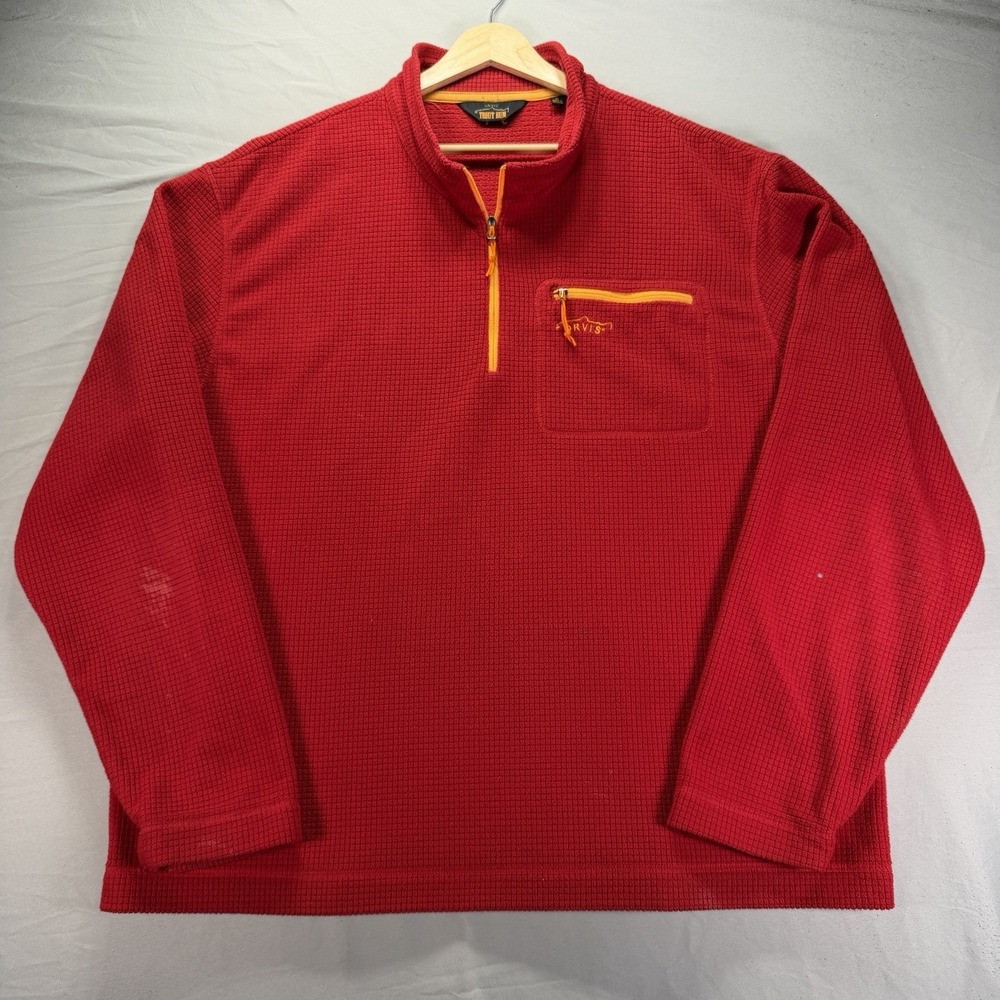 Orvis Trout Bum 1/4 Zip Pullover Mens XL Red Grid Fleece Sweater Zipper Pocket